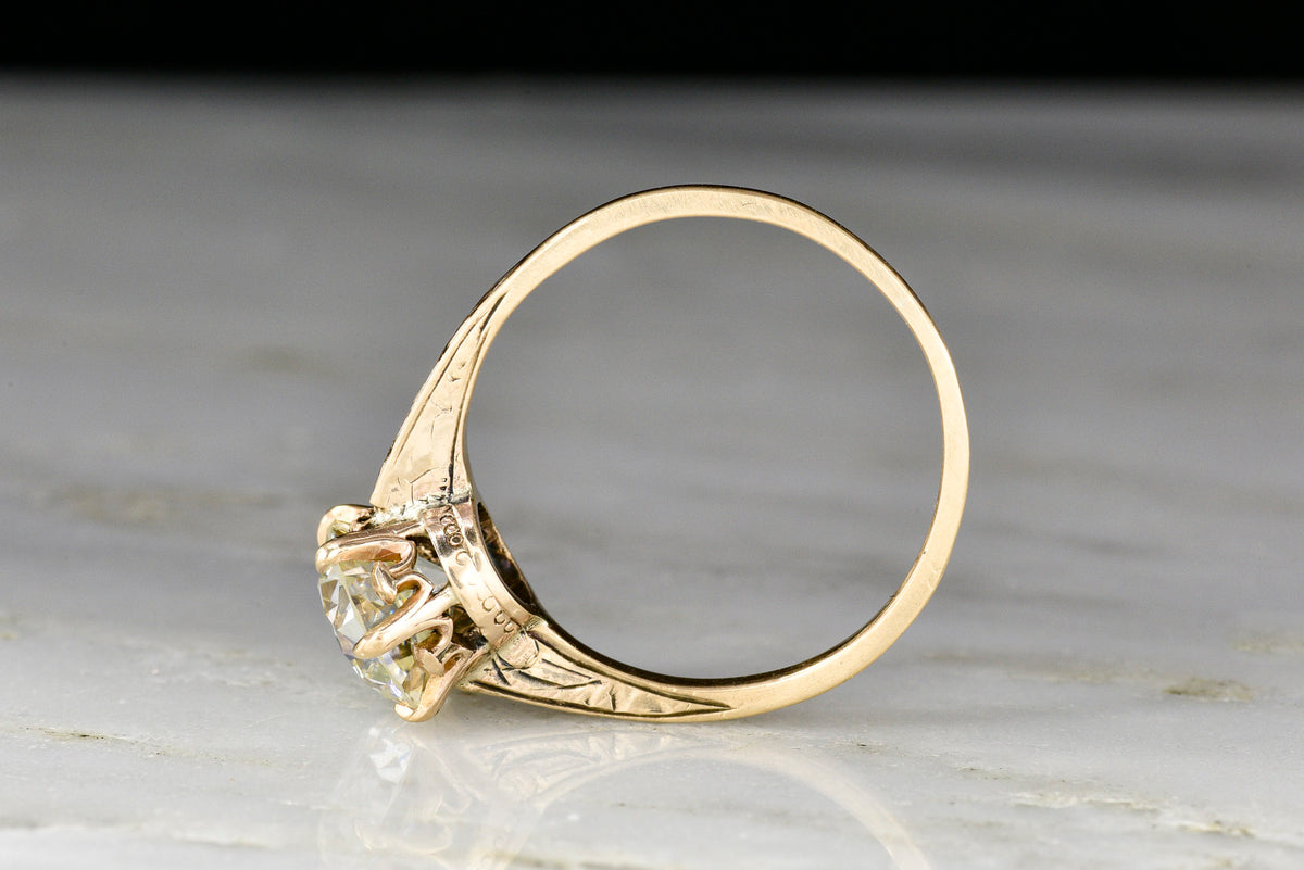 c. Early 1900s Post-Victorian Six-Prong Gold Solitaire Engagement Ring with a 1.63 Carat Diamond Center