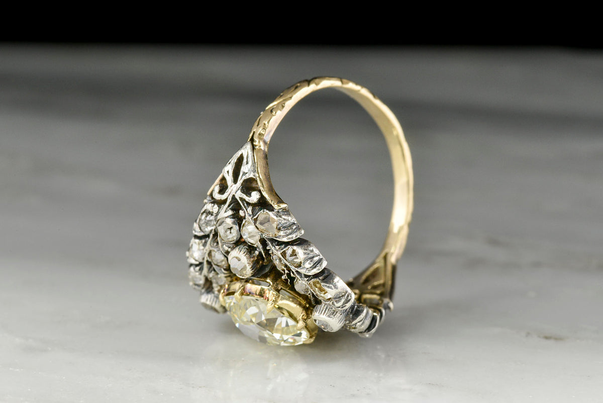 Ornate Early Victorian Gold, Silver, and Diamond Ring with Leaf-and-Branch Motif