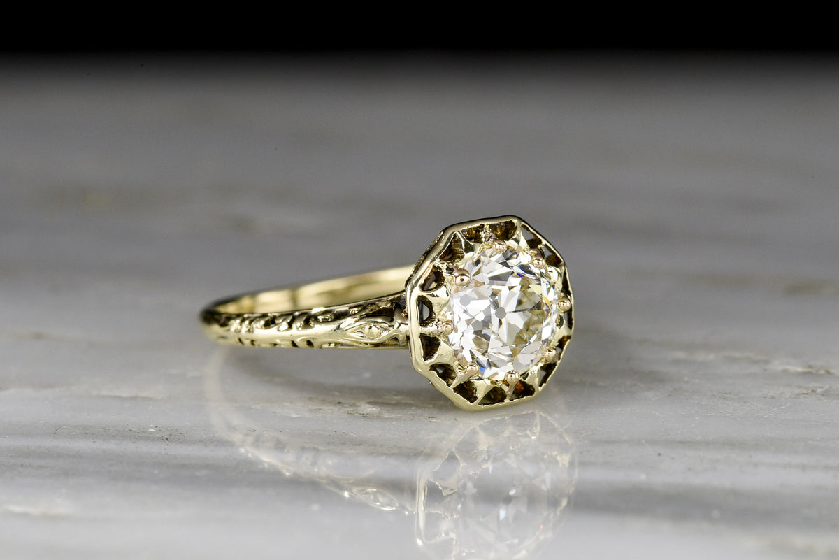 Ornate Victorian Gold Ring with an Octagonal Basket and Old European Cut Diamond
