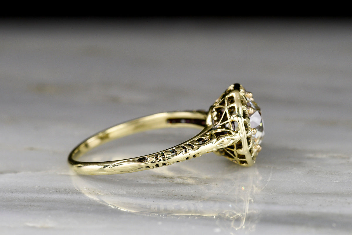 Ornate Victorian Gold Ring with an Octagonal Basket and Old European Cut Diamond