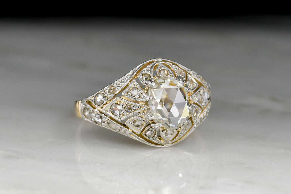 Ornate Belle Époque Oval Rose Cut Diamond Ring in Gold and Platinum