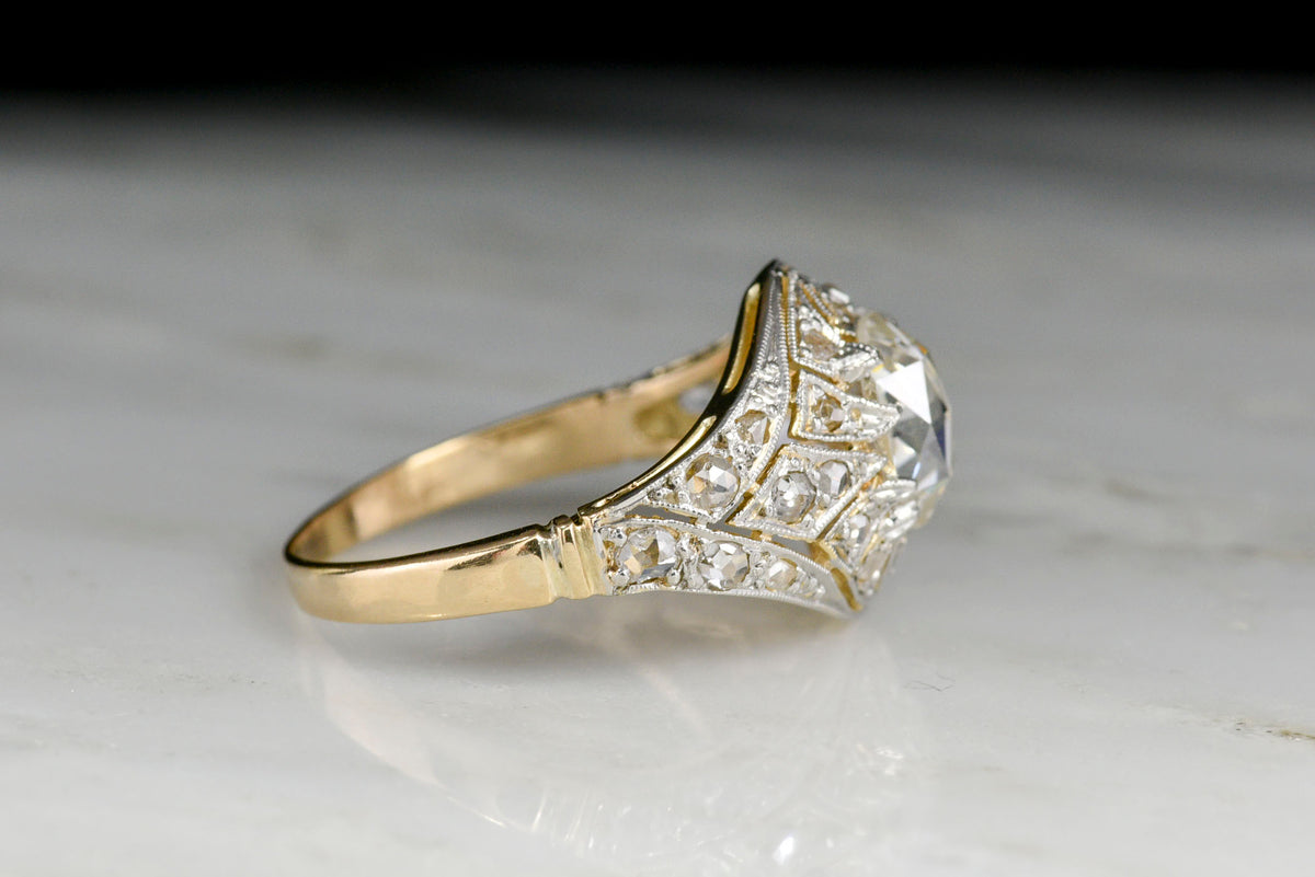 Ornate Belle Époque Oval Rose Cut Diamond Ring in Gold and Platinum