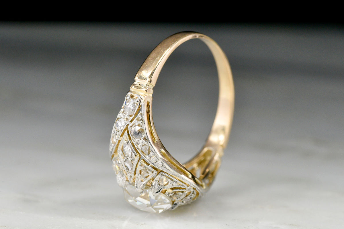 Ornate Belle Époque Oval Rose Cut Diamond Ring in Gold and Platinum