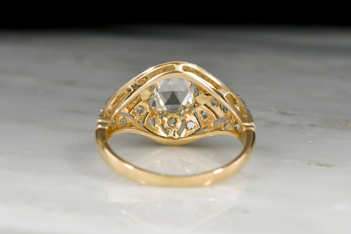 Ornate Belle Époque Oval Rose Cut Diamond Ring in Gold and Platinum