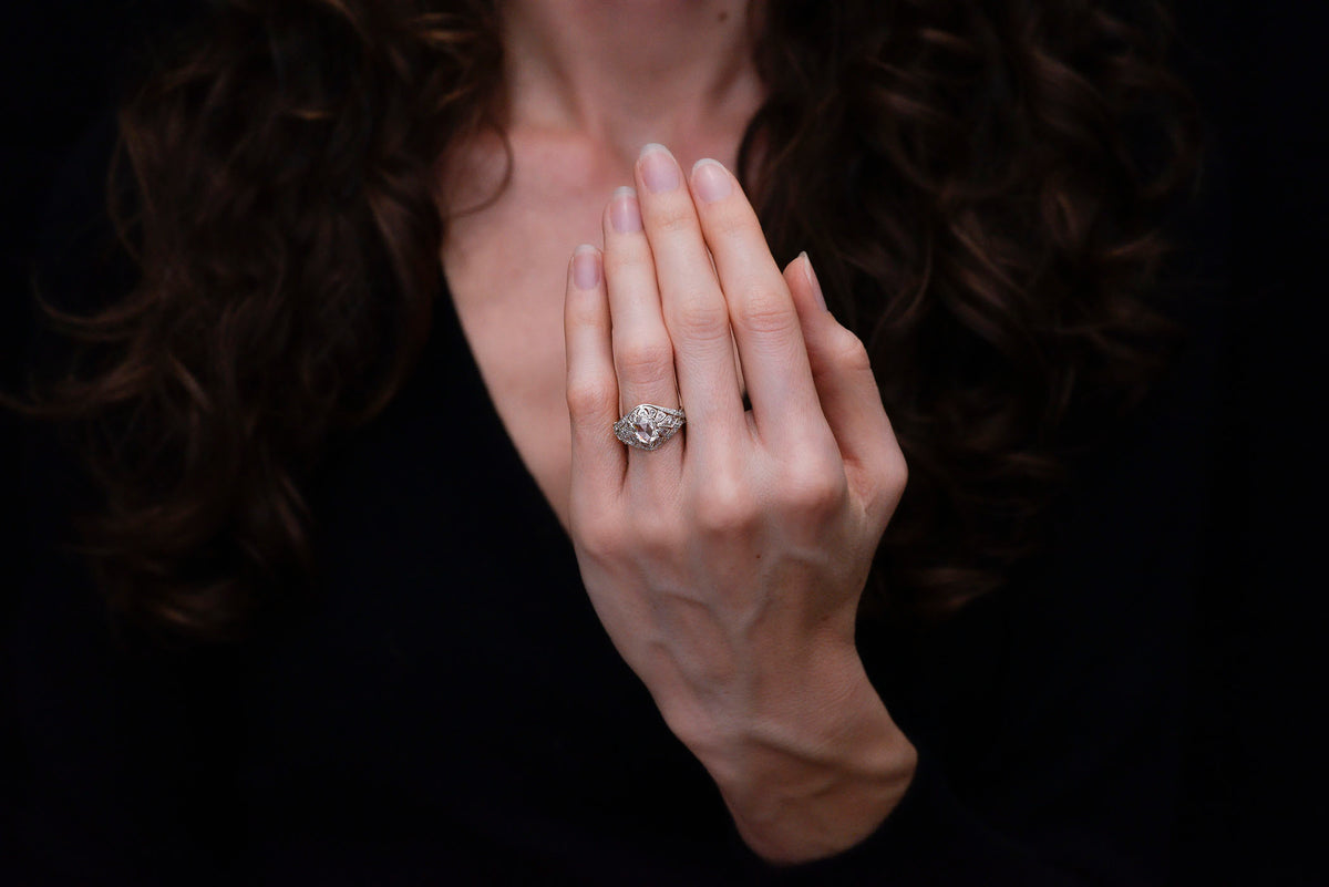 Ornate Belle Époque Oval Rose Cut Diamond Ring in Gold and Platinum