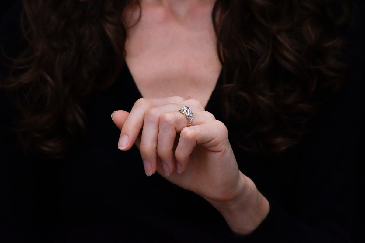 Ornate Belle Époque Oval Rose Cut Diamond Ring in Gold and Platinum