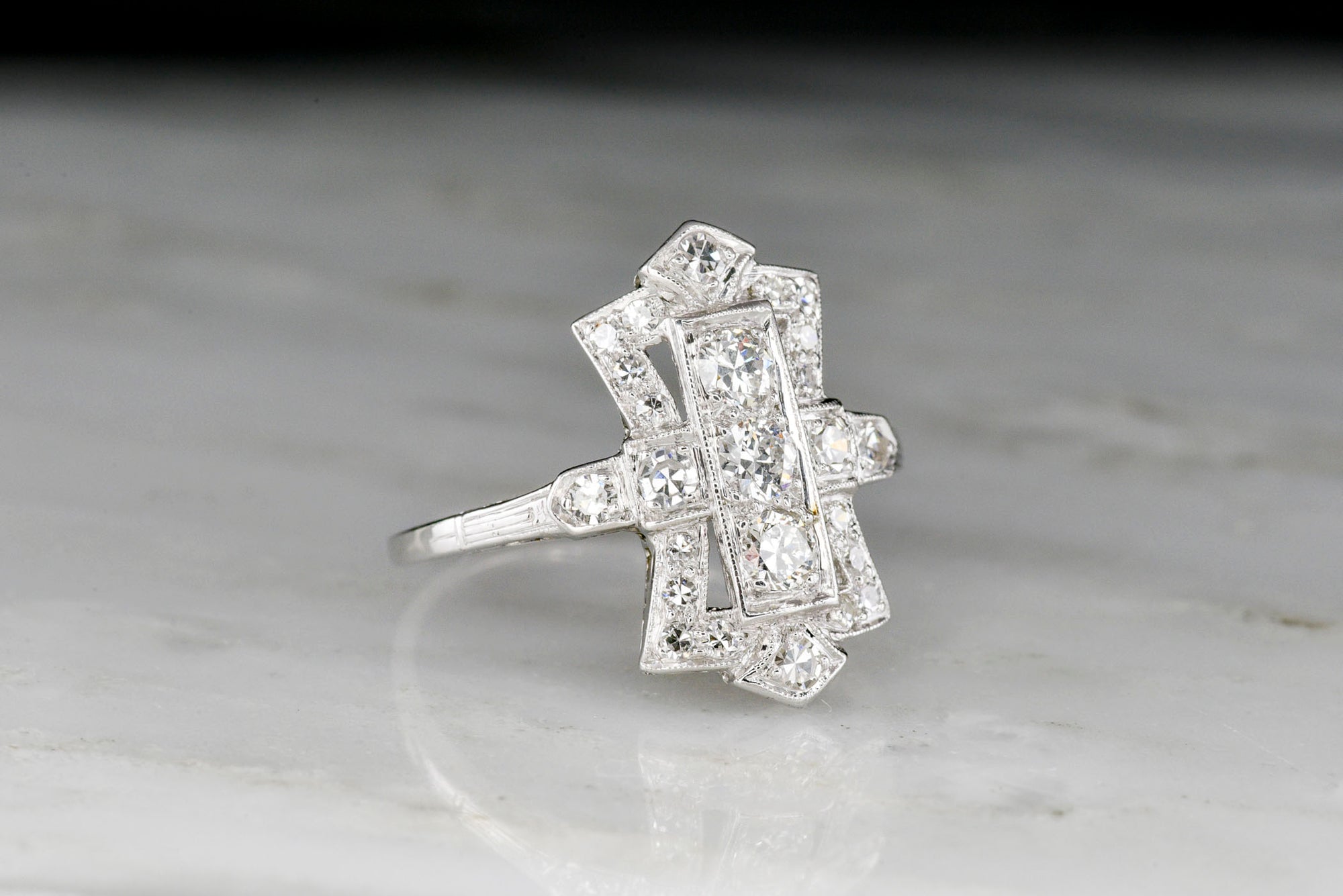 Vintage Art Deco Dinner Ring with Transitional and Single Cut Diamonds