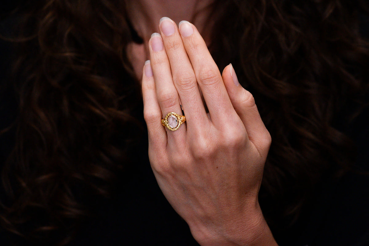 Belle Époque Laurel Ring with an Oval Rose Cut Diamond Center