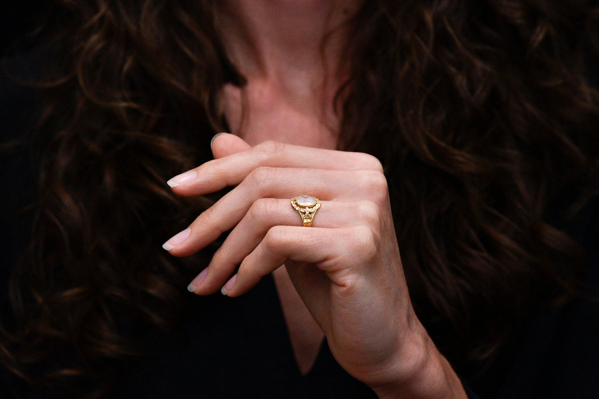 Belle Époque Laurel Ring with an Oval Rose Cut Diamond Center