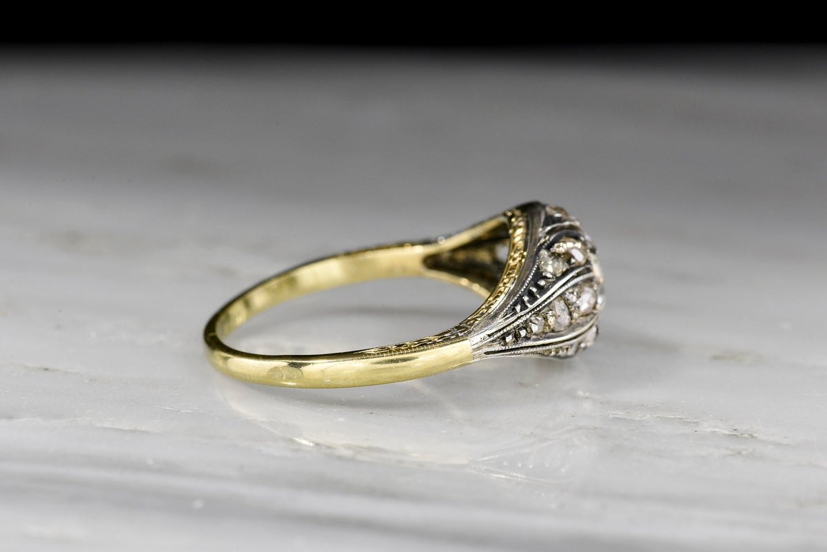 c. Mid-1800s Victorian Gold, Silver, and Diamond Ring with an Ornate Pillowy Top