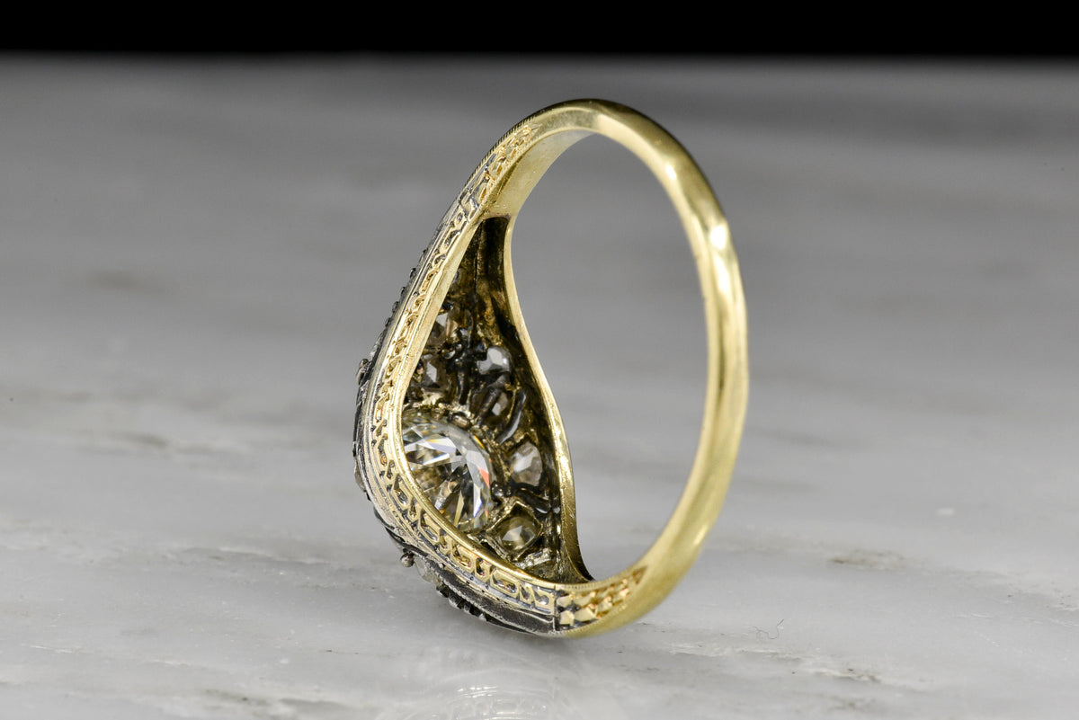 c. Mid-1800s Victorian Gold, Silver, and Diamond Ring with an Ornate Pillowy Top