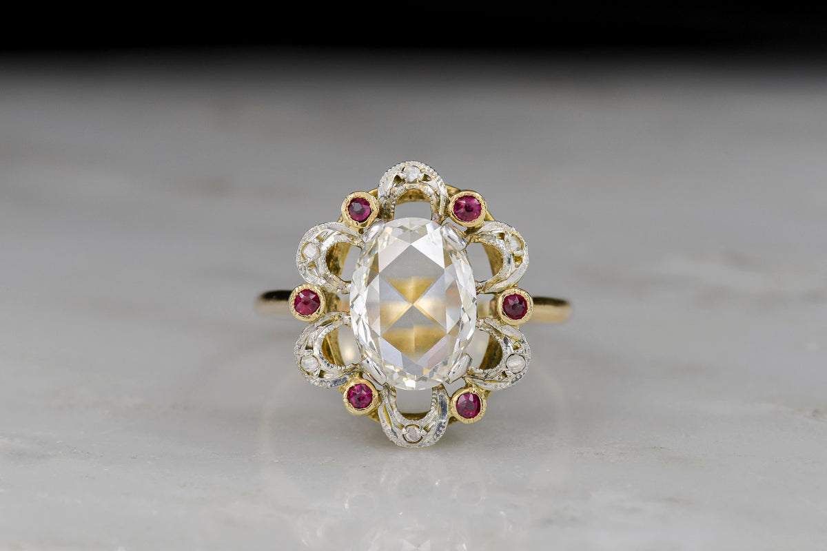 Belle Époque / Edwardian Scalloped-Halo Ring with an Oval Rose Cut Diamond Center