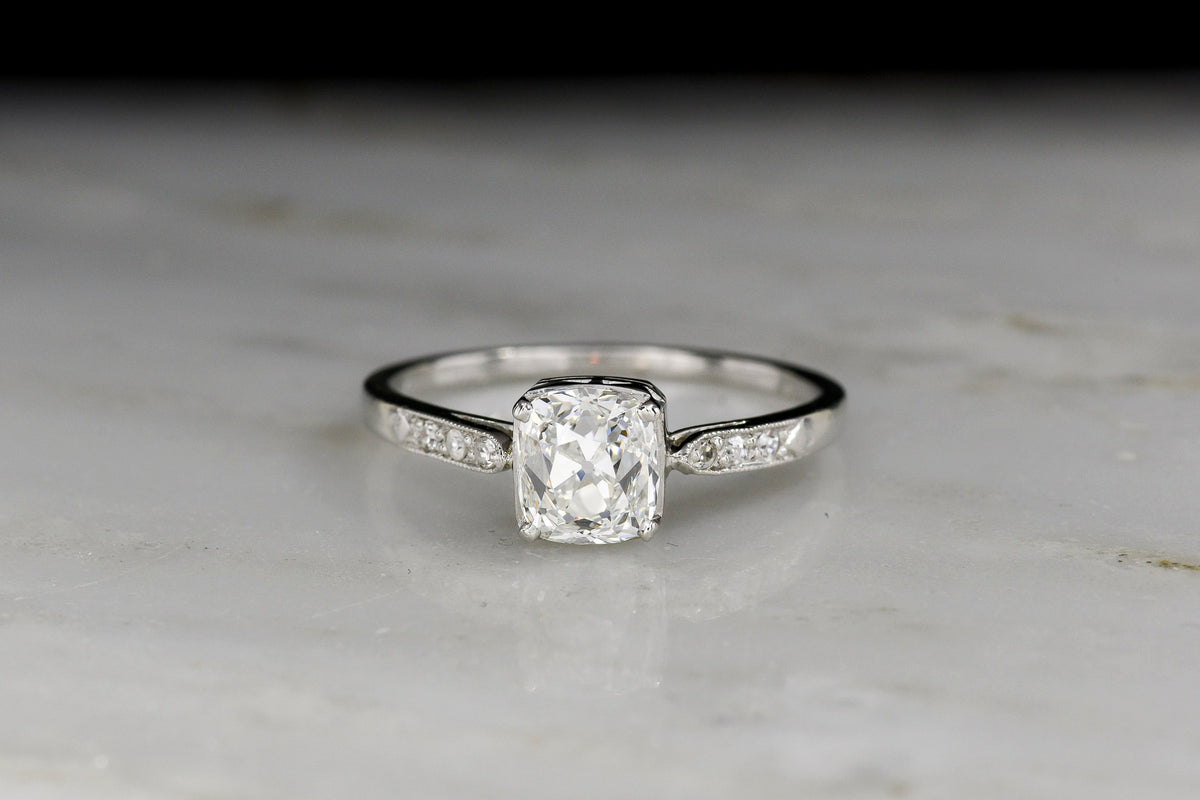 French Late Edwardian Platinum Engagement Ring with a 1.00 Carat Old Mine Cut Diamond Center
