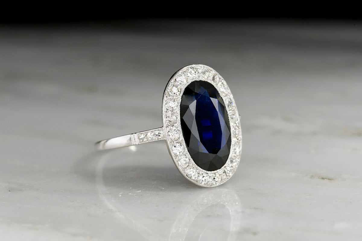 Vintage French Art Deco Oval Sapphire and Diamond Dinner Ring