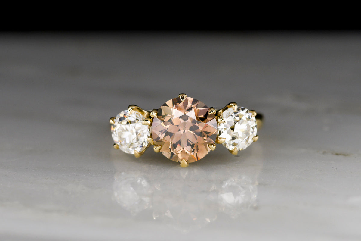 c. 1920s Three-Stone Diamond Ring with a GIA Fancy Orange-Brown Transitional Cut Diamond Center