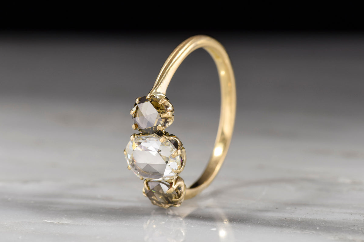 Late/Post Victorian Three-Stone Rose Cut Engagement Ring with Fancy-Brown Diamond Shoulders