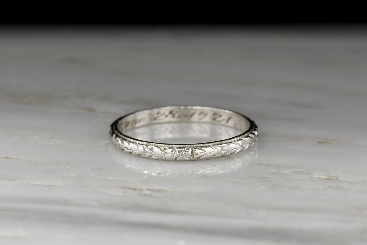 &quot;June 28, 1921&quot; Platinum Wedding Band with a Leaf and Blossom Engraving Motif