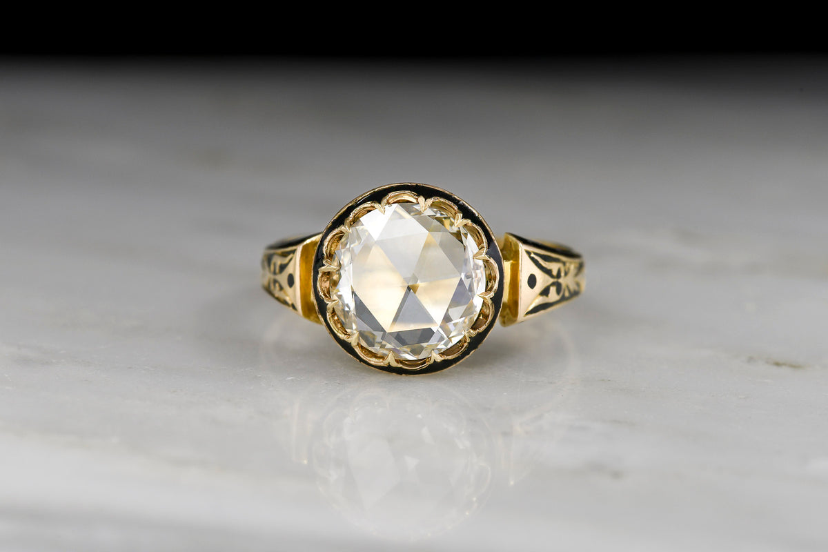 Victorian Gold and Black Enamel Ring with a 1.51 Carat Round Rose Cut Diamond