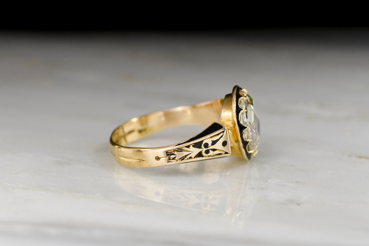 Victorian Gold and Black Enamel Ring with a 1.51 Carat Round Rose Cut Diamond