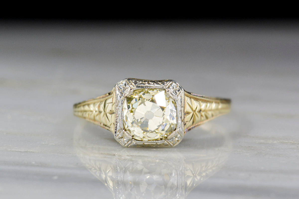 Antique c. 1920s Post-Victorian / Neoclassical Two-Tone Ring with a Light-Yellow Old Mine Cut Diamond