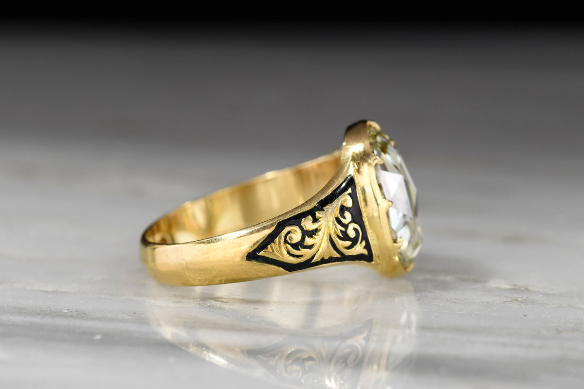 Late-Georgian Gold and Black Enamel Ring with a 2.42 Carat Oval Rose Cut Diamond Center
