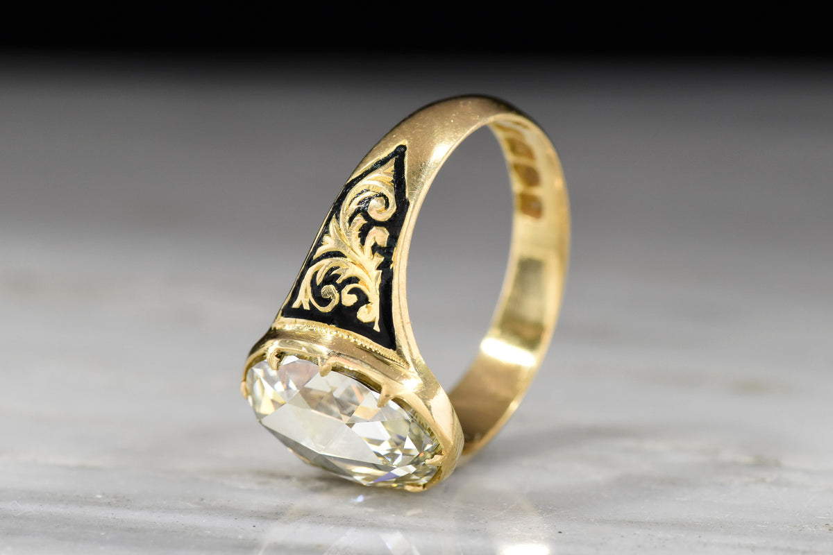 Late-Georgian Gold and Black Enamel Ring with a 2.42 Carat Oval Rose Cut Diamond Center