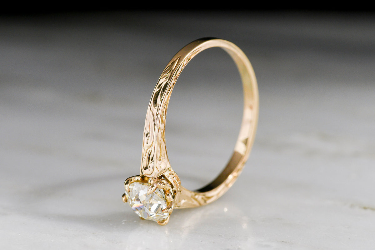 c. Early 1900s Hand-Engraved Gold and Old European Cut Diamond Solitaire Engagement Ring