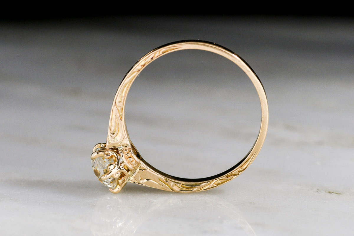 c. Early 1900s Hand-Engraved Gold and Old European Cut Diamond Solitaire Engagement Ring