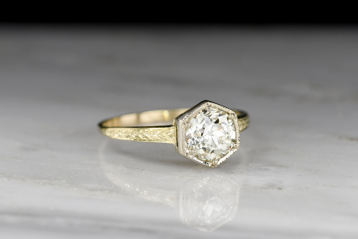 Hexagonal Engagement Ring with a 1.30 Carat Old European Cut Diamond Center and Engraved Shoulders