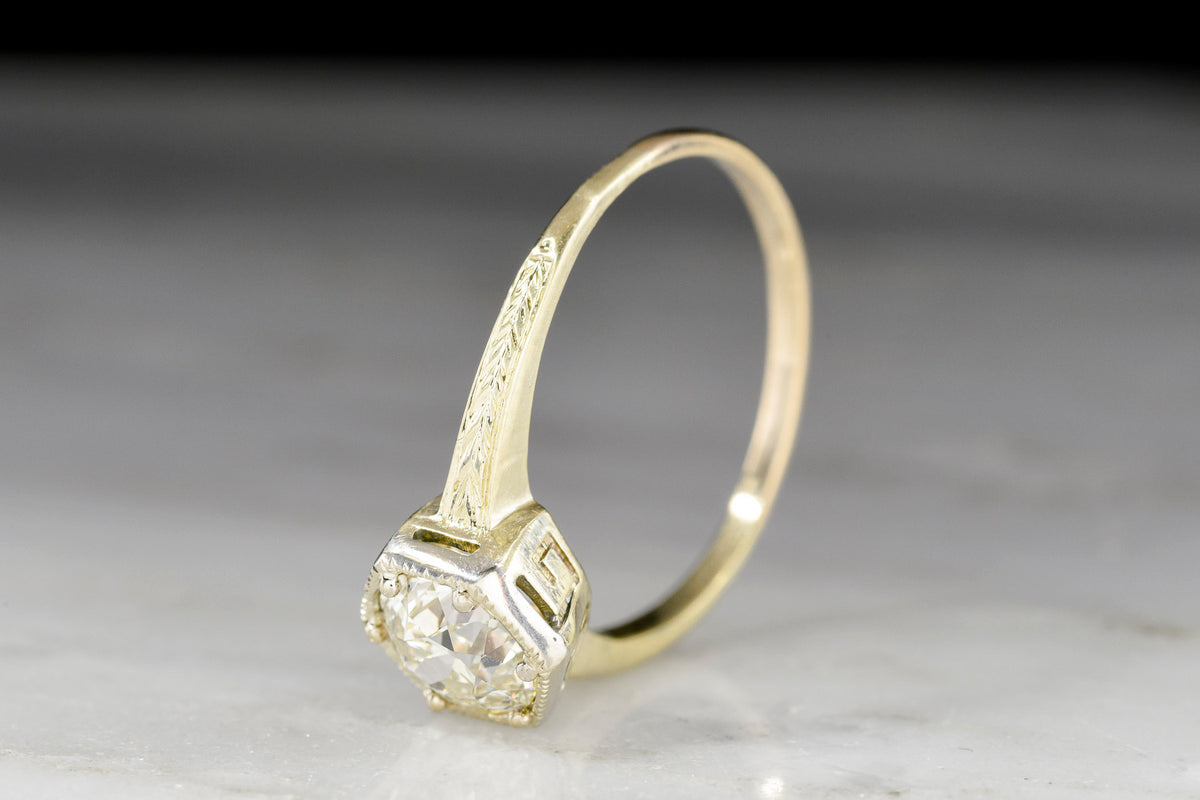 Hexagonal Engagement Ring with a 1.30 Carat Old European Cut Diamond Center and Engraved Shoulders