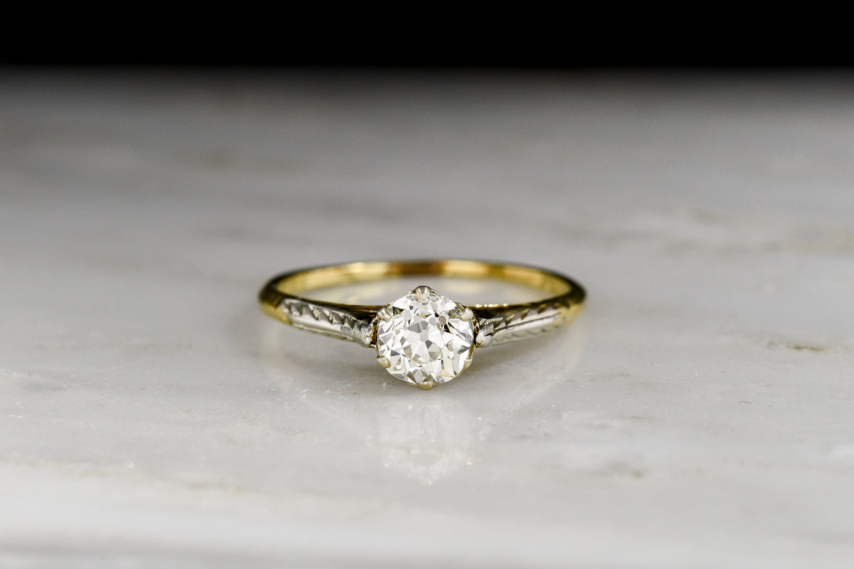 Hand-Engraved Two-Tone Solitaire Engagement Ring with an Old European Cut Diamond