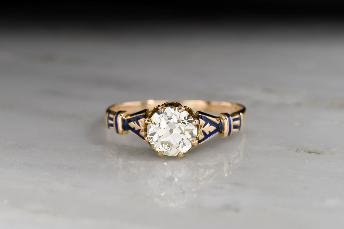 Victorian Solitaire Engagement Ring with Deep-Blue Enamel and an Old European Cut Diamond Center