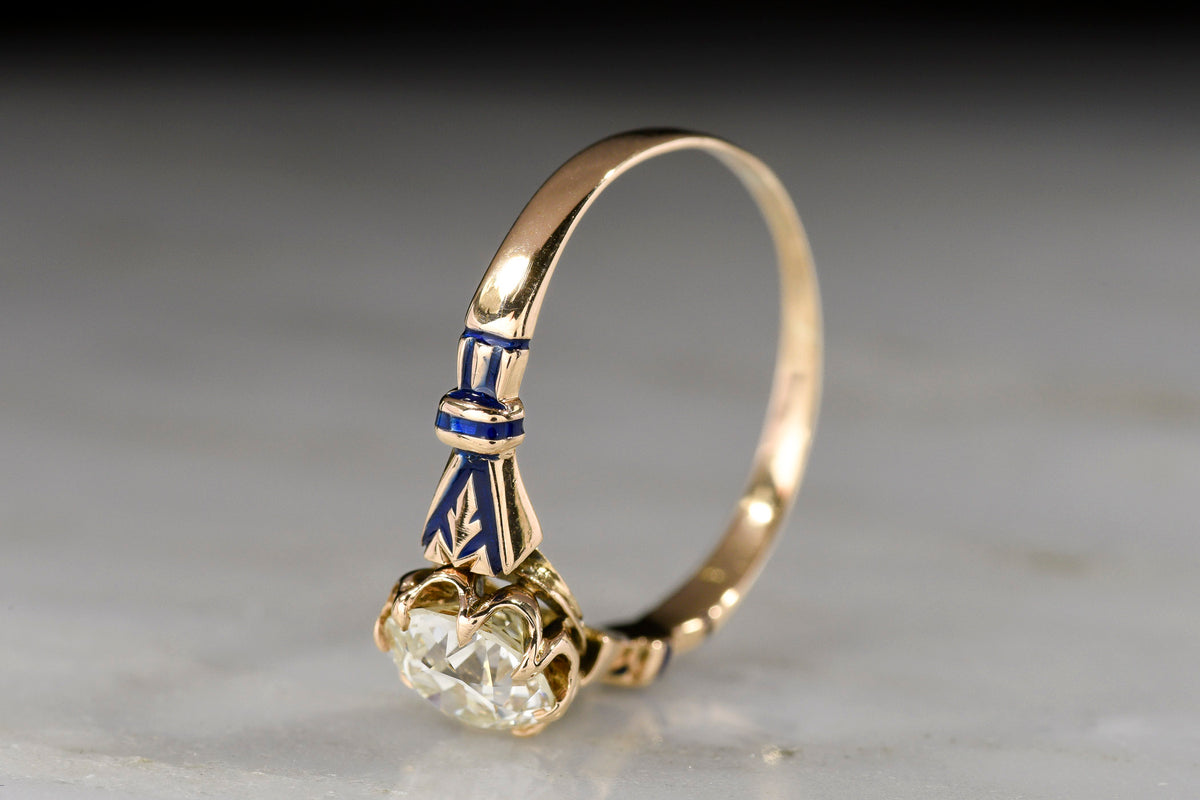 Victorian Solitaire Engagement Ring with Deep-Blue Enamel and an Old European Cut Diamond Center