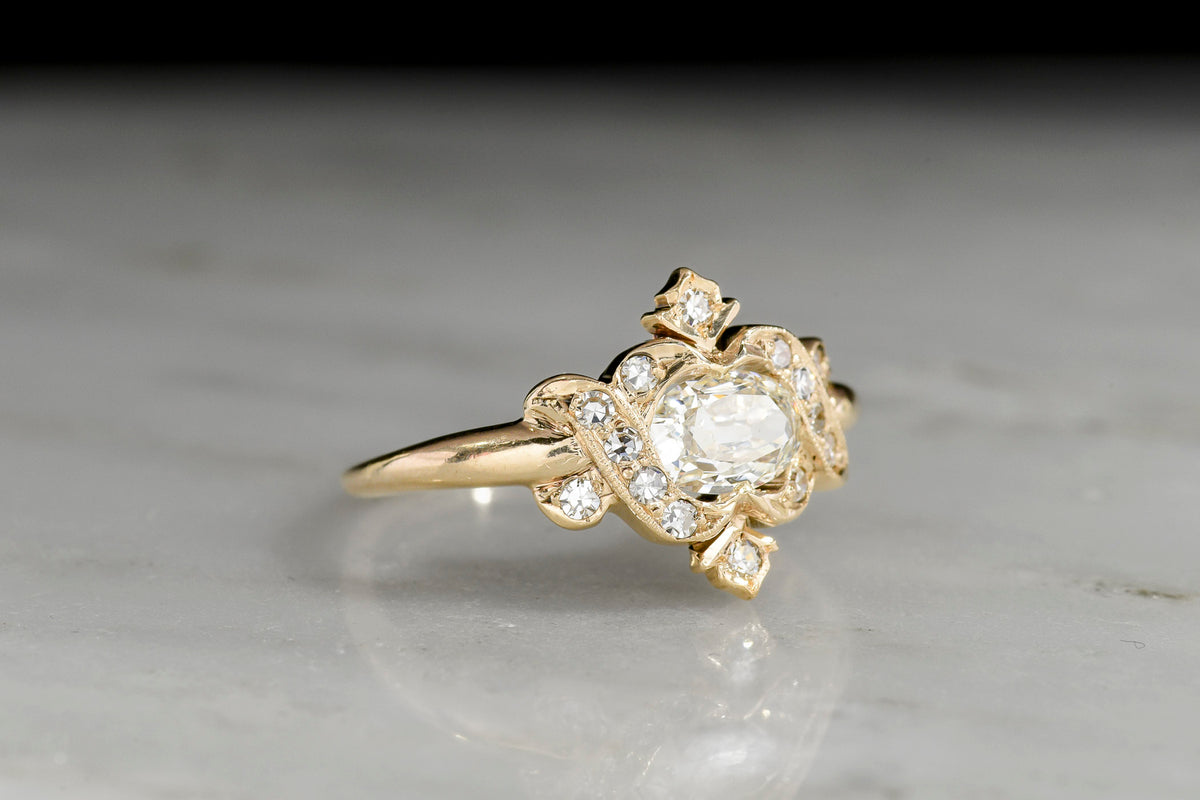 Antique Hand-Carved Right-Hand Ring or Unique Engagement Ring with an East-West Oval Cut Diamond