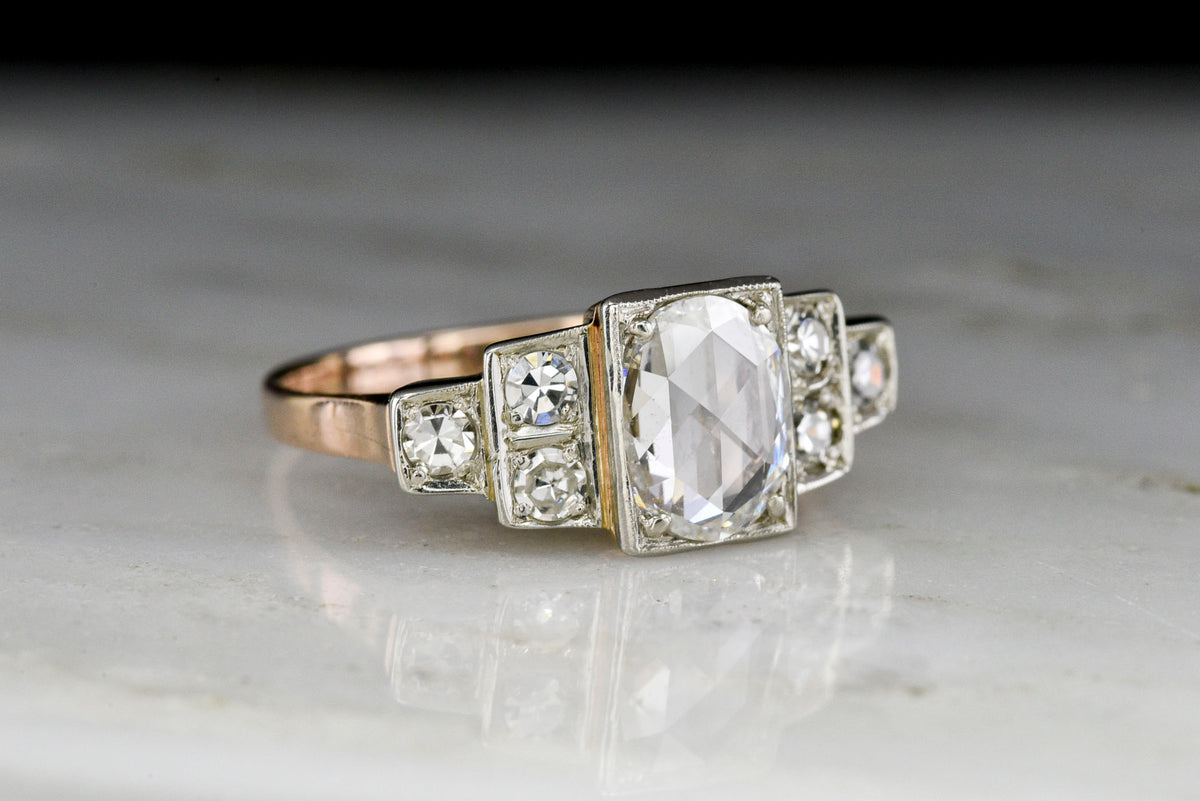 Art Deco / Retro Box-Tiered Two-Tone Ring with an Oval Rose Cut Diamond Center