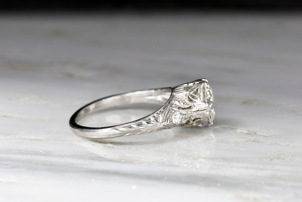 Edwardian Engagement Ring with Ornate Filigree and Engraved Shoulders