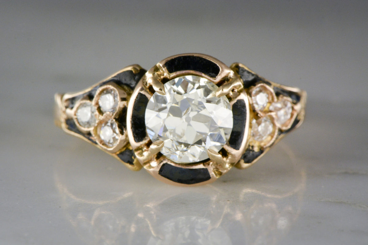 1.20 Carat Old European Cut Diamond in a Victorian 15K Rose - Yellow Gold Engagement, Anniversary, or Right-Hand Ring with Black Enamel and Diamond Accents