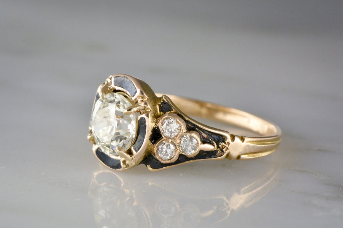 1.20 Carat Old European Cut Diamond in a Victorian 15K Rose - Yellow Gold Engagement, Anniversary, or Right-Hand Ring with Black Enamel and Diamond Accents