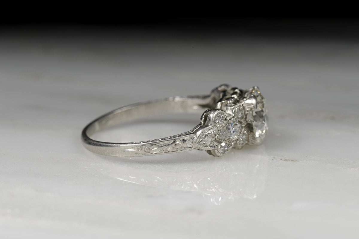 Late Edwardian / Early Art Deco GIA Certified 1.34 Carat Old European Cut Diamond Engagement Ring