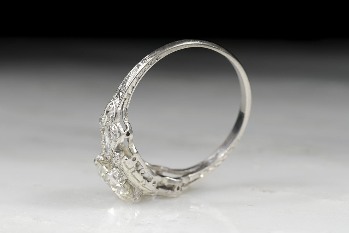 Late Edwardian / Early Art Deco GIA Certified 1.34 Carat Old European Cut Diamond Engagement Ring