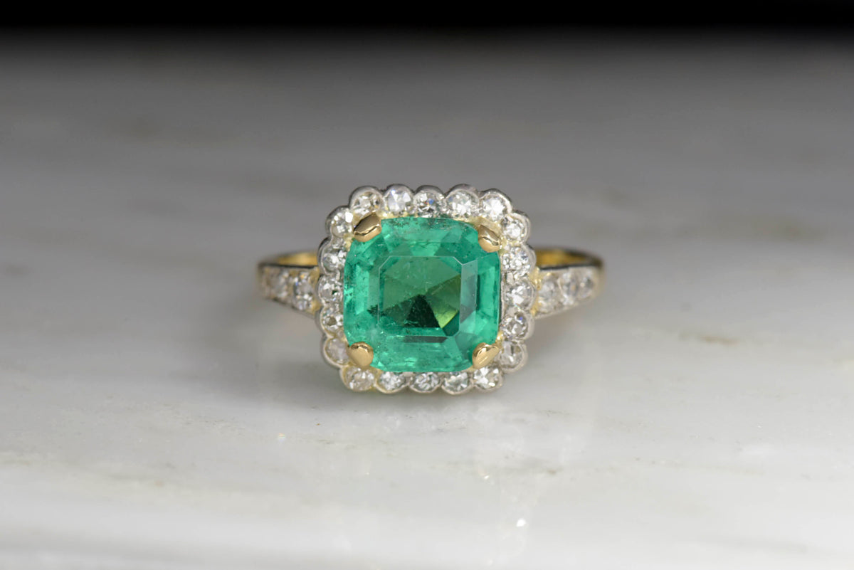 Late Belle Époque Diamond Ring with a Certified 2.87 Carat Emerald Center