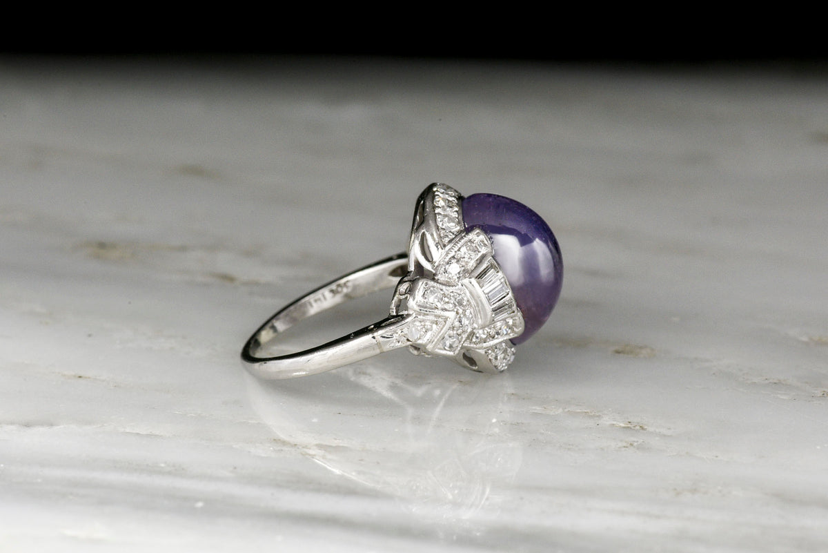 Art Deco/ Retro Cabochon Cut Lavender Sapphire and Diamond Ring