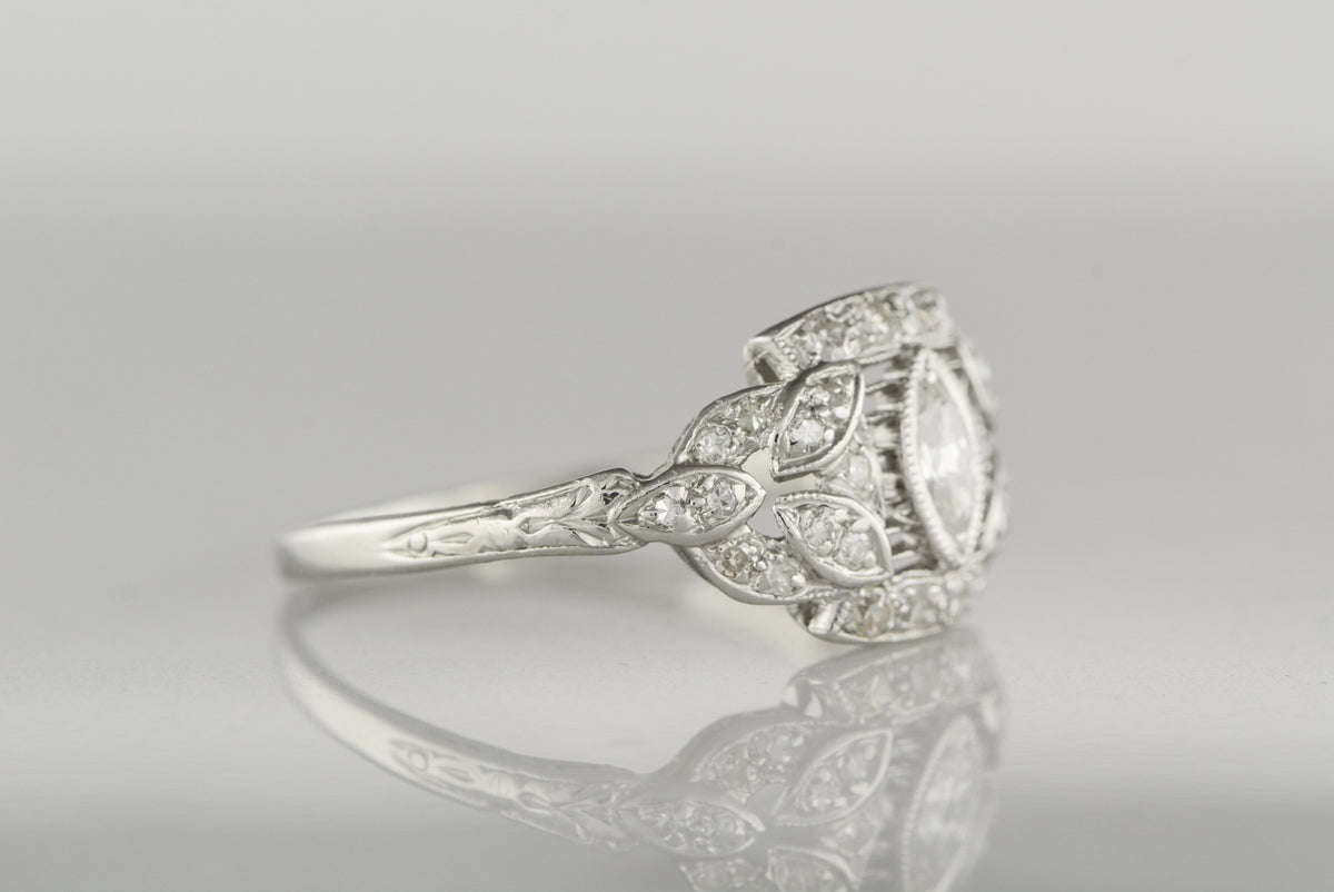 1920s Art Deco Platinum Engagement or Anniversary Cocktail Ring with Marquise Cut Diamond Center