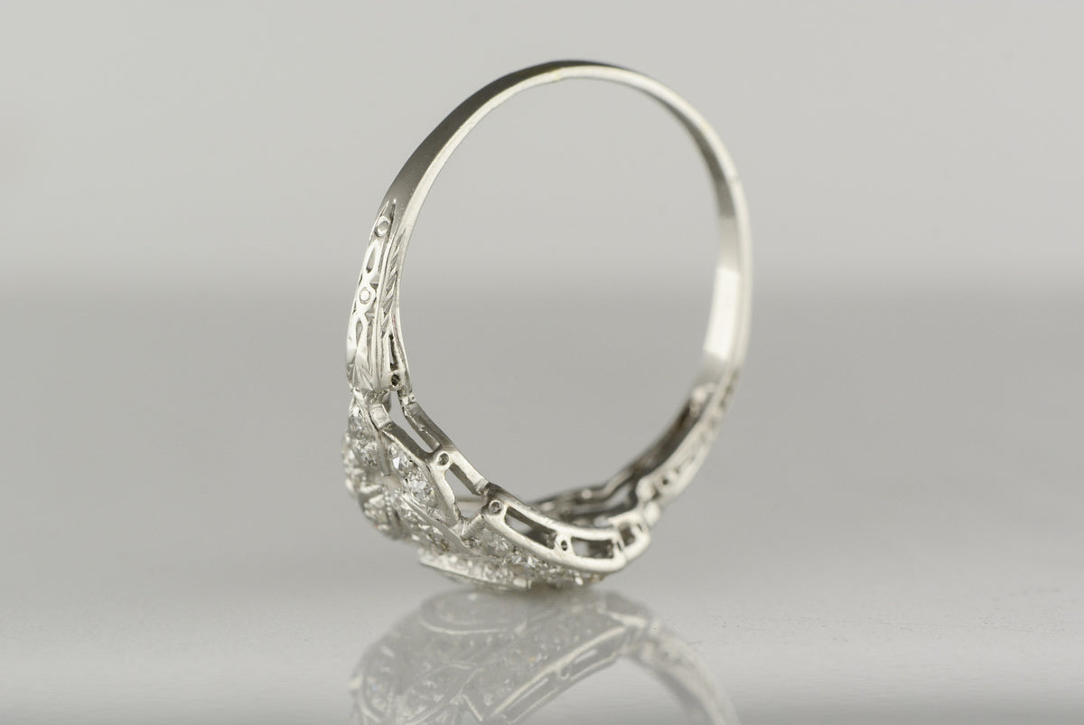 1920s Art Deco Platinum Engagement or Anniversary Cocktail Ring with Marquise Cut Diamond Center