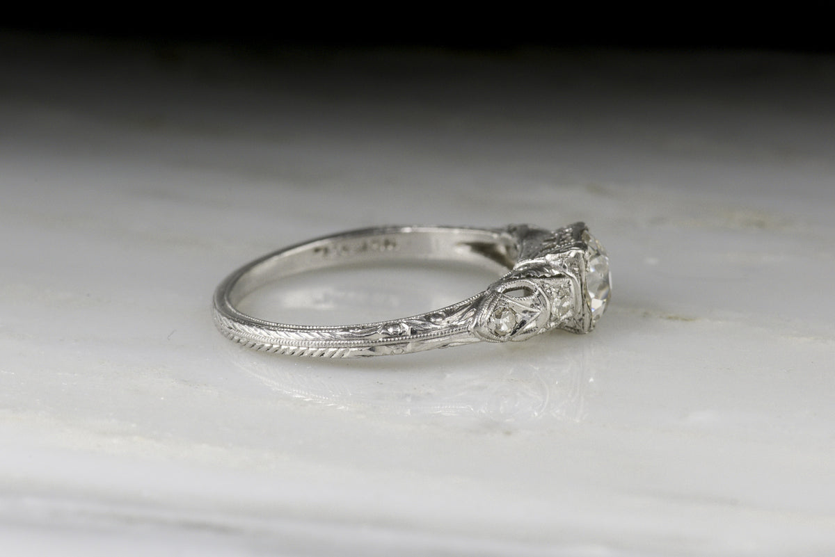 Antique Engagement Ring with French Japonisme Influences and Edwardian, Art Deco, and Retro Design Details