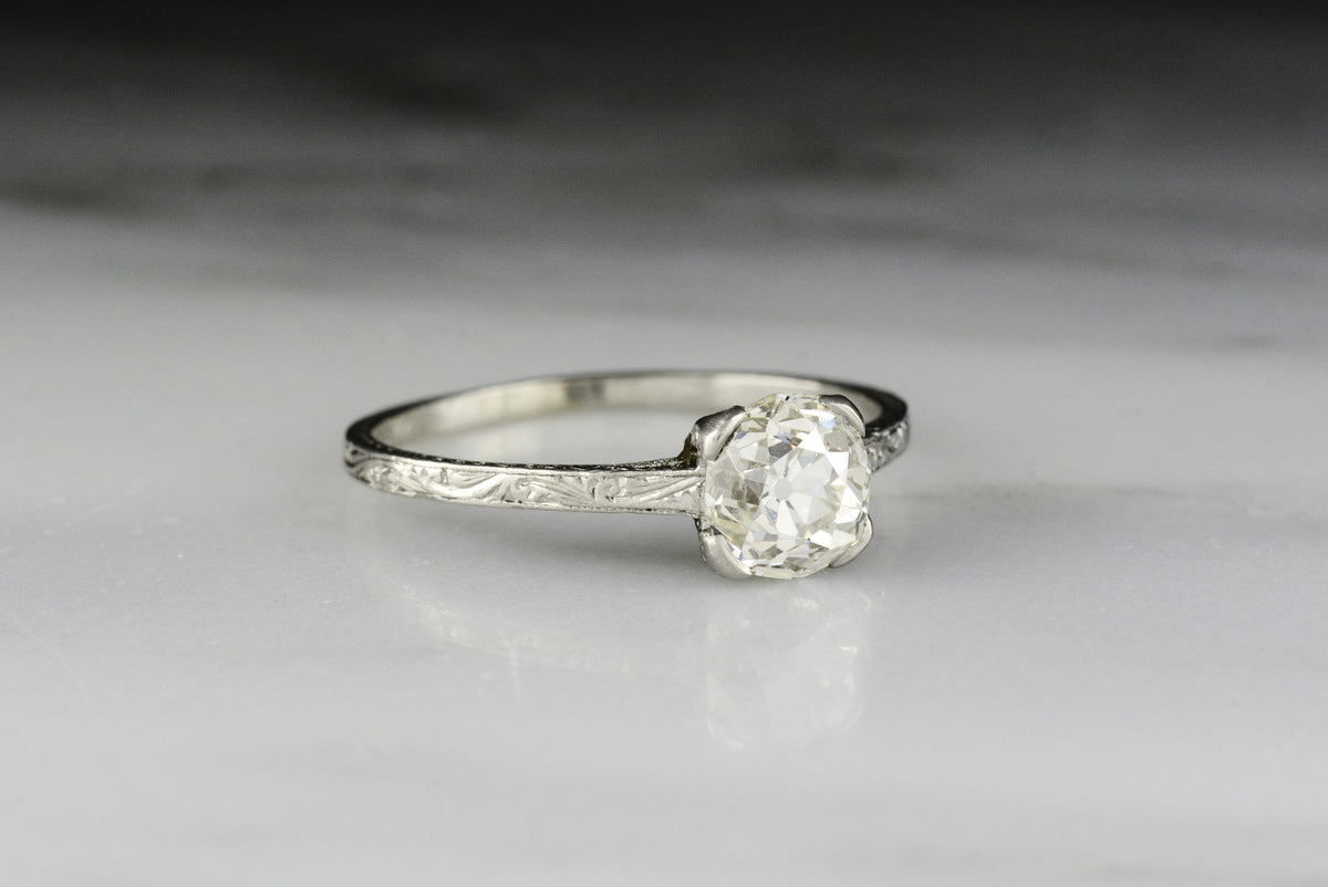 Antique 1927 Edwardian Engagement Ring with a 1.04 Carat Round Old Mine Cut Diamond
