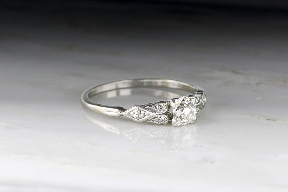 C. 1930s-1940s Engagement Ring; Art Deco Era with Early Retro Design and an Old European Cut Diamond Center