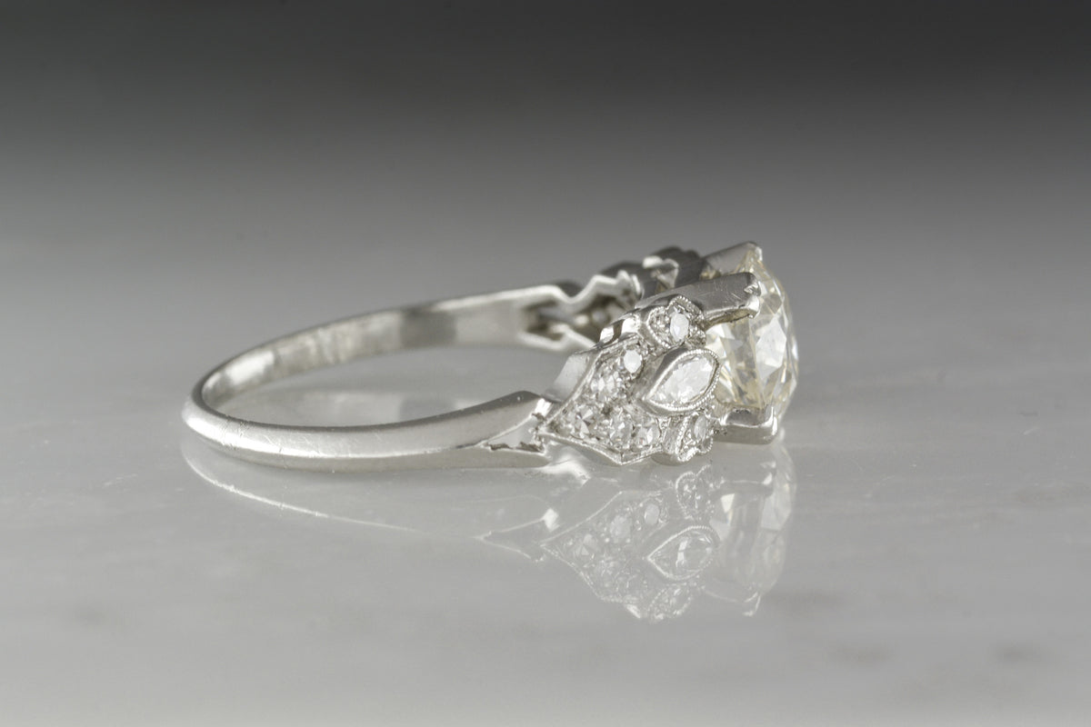 Antique c. 1920s Late Edwardian / Early Art Deco Engagement Ring with 1.30 Carat Old European Cut Diamond Center (1.58 ctw)