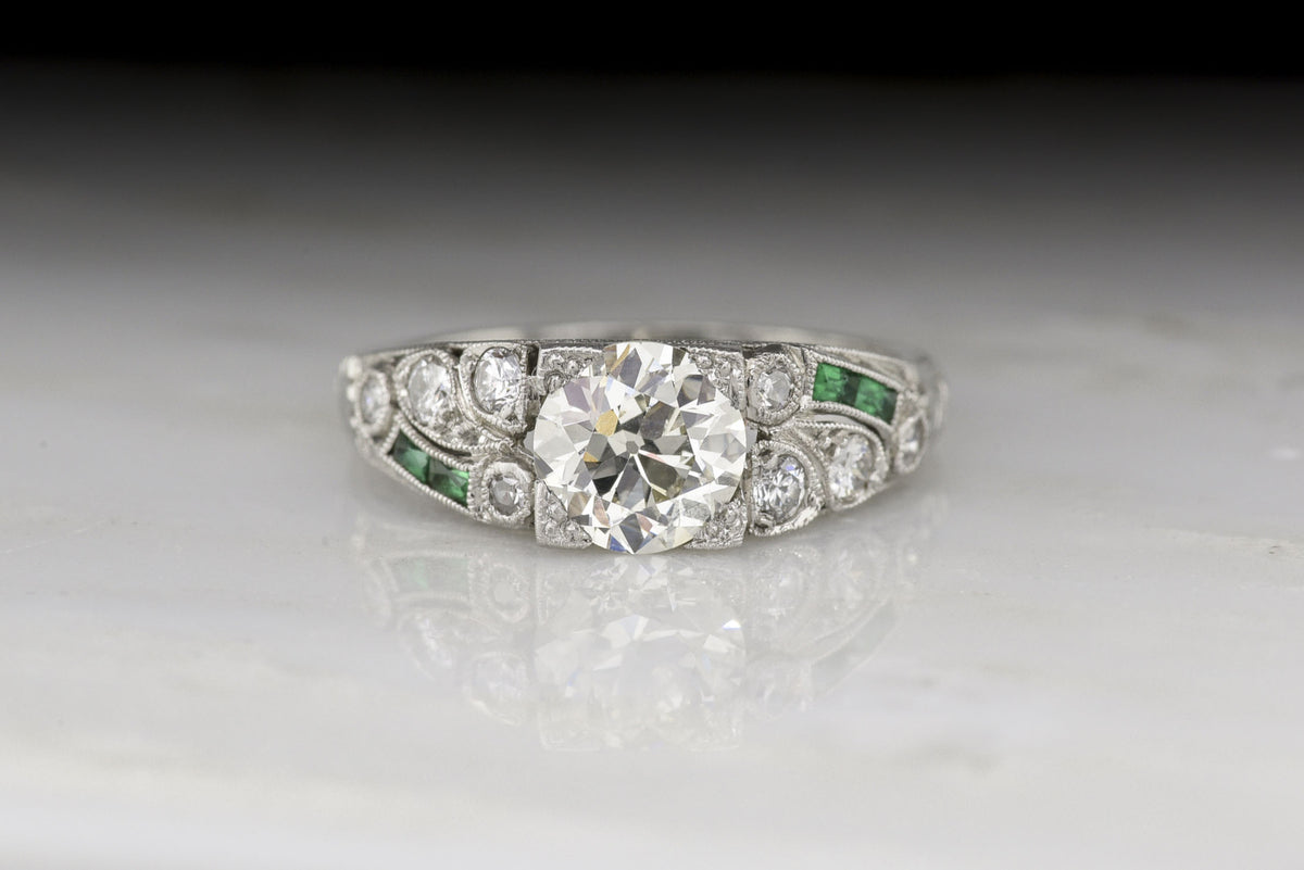Antique 1920s Late Edwardian / Art Deco Old European Cut Diamond and Columbian Emerald Engagement Ring