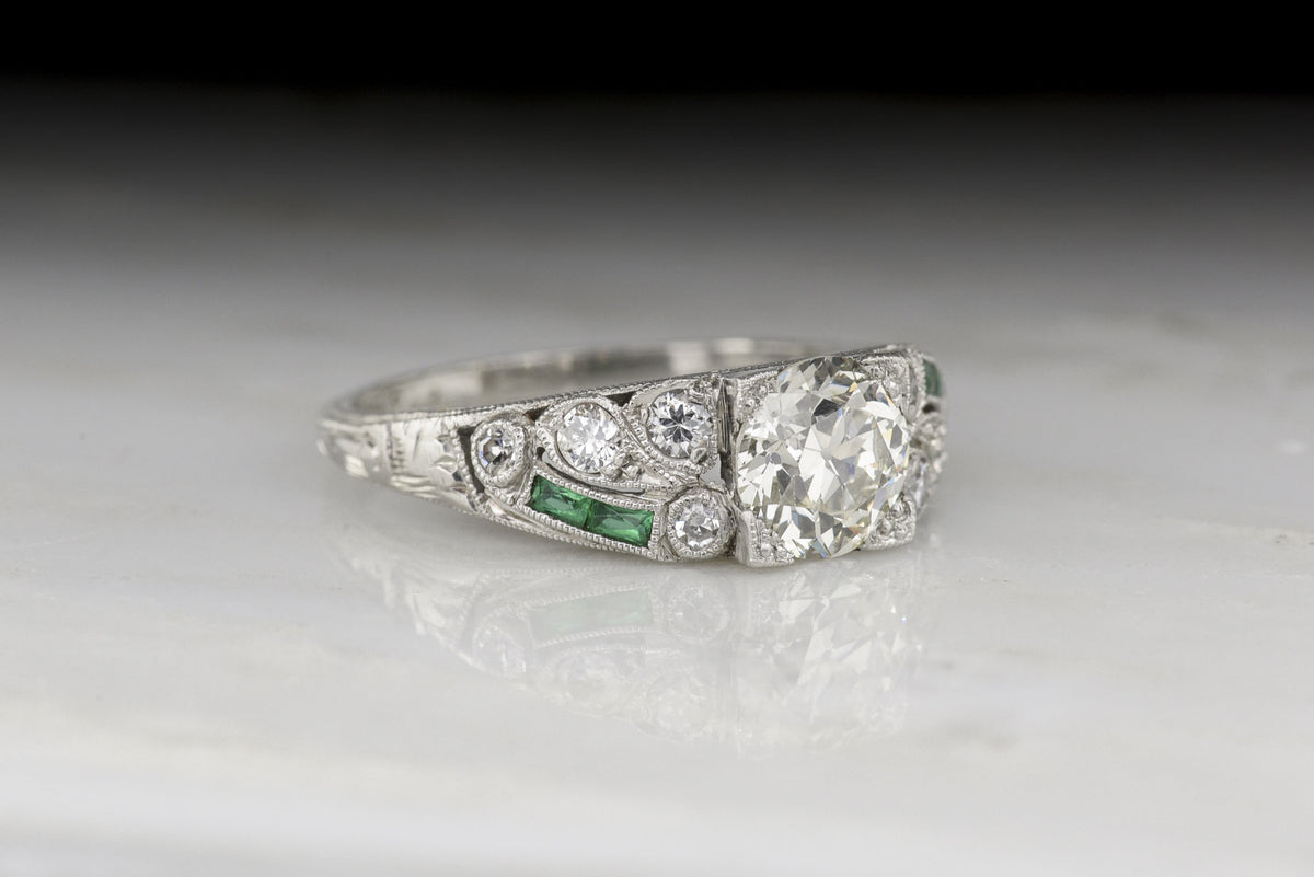 Antique 1920s Late Edwardian / Art Deco Old European Cut Diamond and Columbian Emerald Engagement Ring